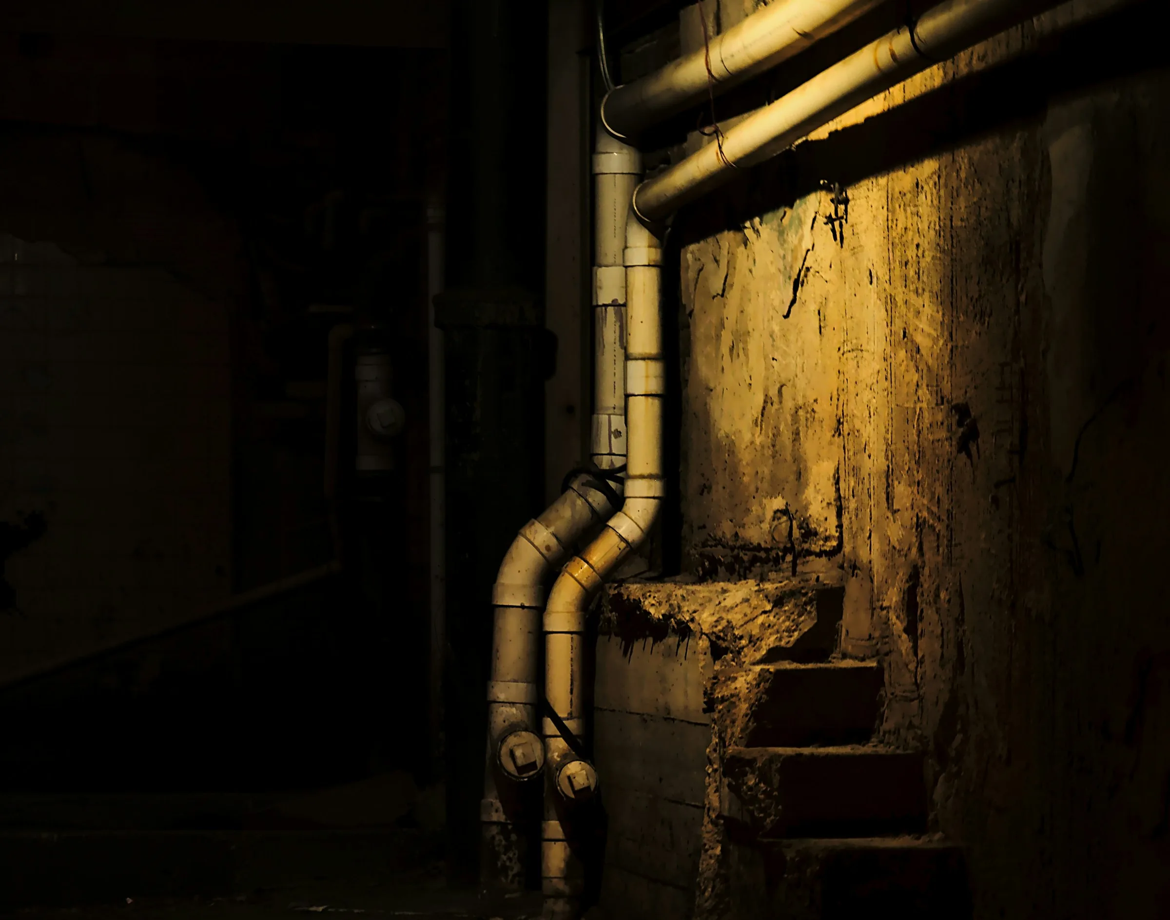 Dark unfinished basement interior with overhead pipes — typical conditions where mold develops