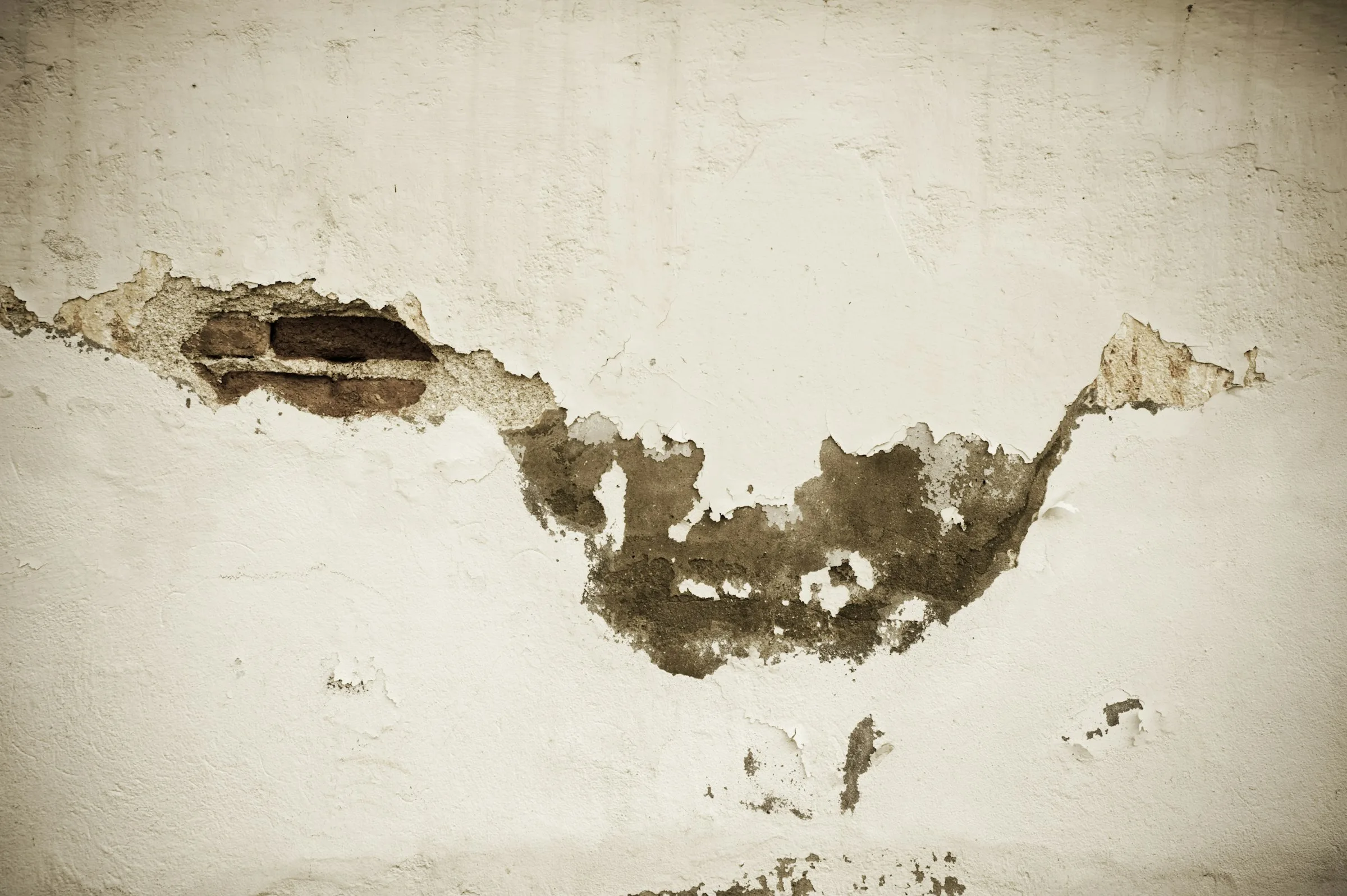 Moisture staining patterns on a wall — typical surface conditions before assessment