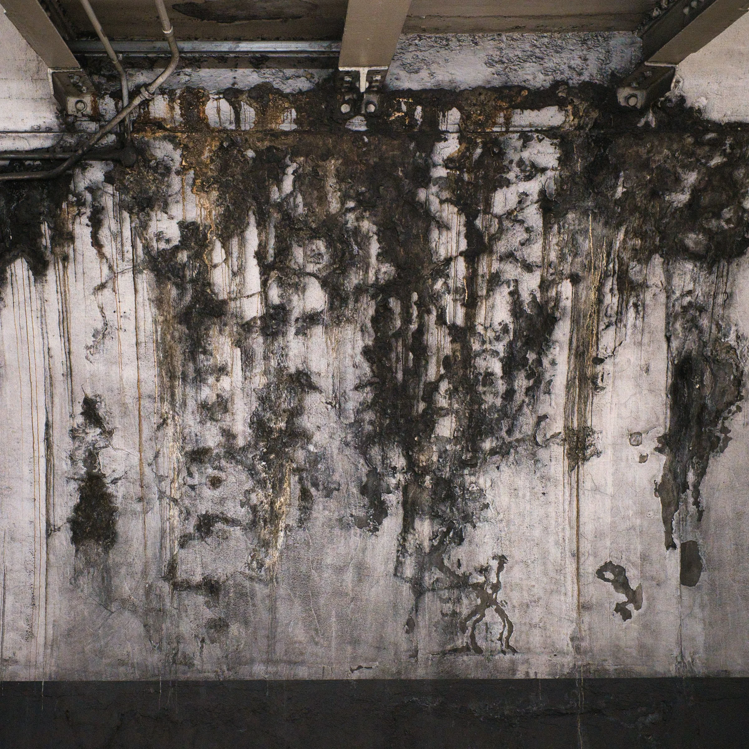 Water damage staining on a concrete wall